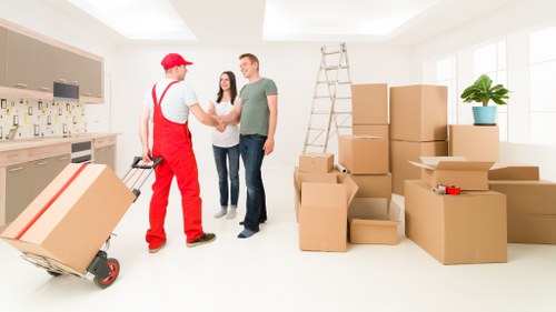 Packed boxes and furniture ready for loading during a Little Ilford move