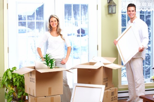 Packed boxes and furniture ready for transport in East London