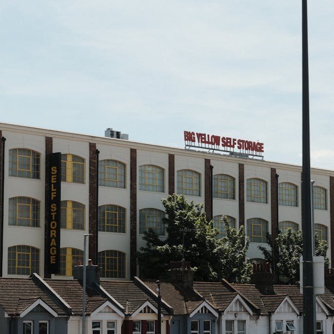 A multi-storey commercial building with a white facade and large yellow-framed windows, featuring a prominent red sign on the roof reading 'BIG YELLOW SELF STORAGE'. The building's ground level is partially obscured by a row of small residential houses with pitched roofs, chimney stacks, and white window frames. In front of the building, a metal pole and a streetlight are visible, with a few trees providing greenery amidst the urban environment. The sky above is mostly cloudy with some patches of blue, suggesting daytime. This scene illustrates a location suited for house removals and furniture transport, where storage and relocation services by Man with Van Little Ilford could facilitate home moves and packing solutions.